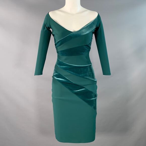 2 Kaliska Green Velvet Polyamide Blend Off Shoulder Fitted Midi Dress - Picture 1 of 11